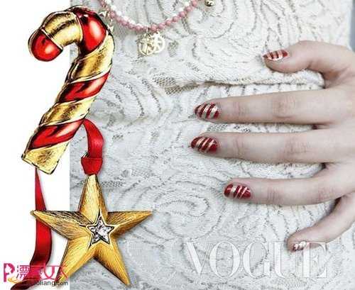  指尖圣诞气氛 金红条纹美甲